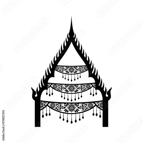 Vector art of ornate thai pavilion silhouette, showcasing traditional architectural design and intricate decorative elements