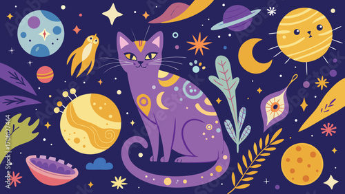 Whimsical purple cat among planets and stars decorative vector illustration celestial art mystical feline design creative space theme cosmic cat artwork