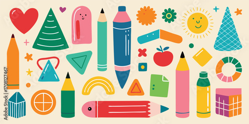Whimsical school supplies and geometric shapes fun colorful flat vector illustration back to school theme education background