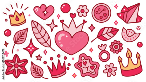 Whimsical pink doodle set featuring hearts crowns flowers stars and gemstones ideal for girly designs and valentines day celebrations