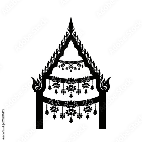 Vector art of striking black silhouette of a thai temple gate, adorned with lotus flowers and intricate details, representing cultural heritage and spirituality