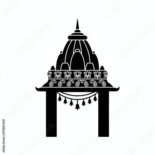 Vector art of striking black and white hindu temple gate vector illustration ornate structure with bells and lotus flowers for cultural event