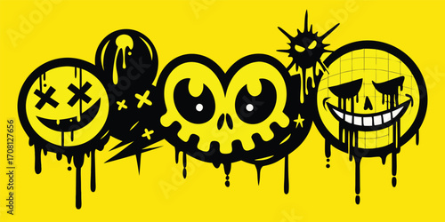 Yellow background with black drip emoticons including skull smiley face cross eyes sad eyes graffiti style design