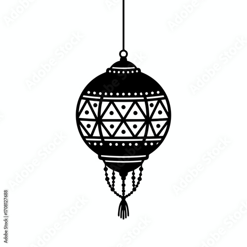 Vector art of elegant black lantern with intricate geometric patterns, a decorative element that adds a touch of sophistication and charm