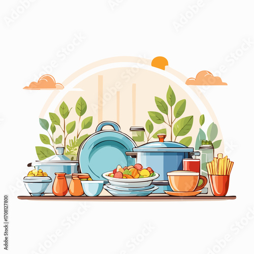 Kitchen Utensils and Food on Wooden Countertop