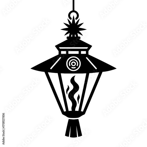 Vector art of ornate black lantern with flame, a decorative outdoor lighting fixture for ambiance and garden decor