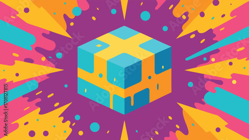 Exploding Geometric Background with Cyan Yellow and Pink Shapes and a Central Cube abstract vibrant