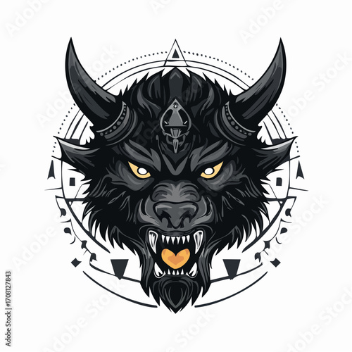 Black Wolf Head with Horns and Geometric Symbols