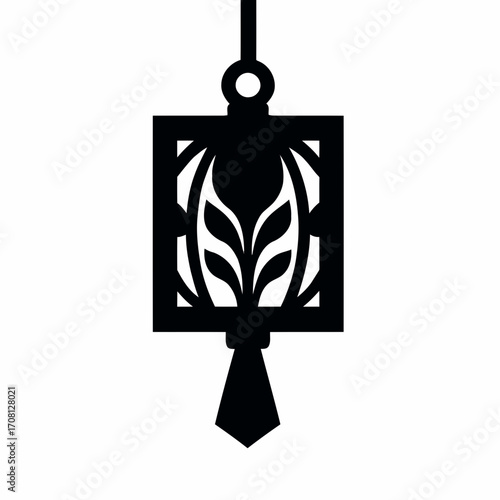 Illustration of a square chinese lantern the lantern is black and has a leaf design inside the frame