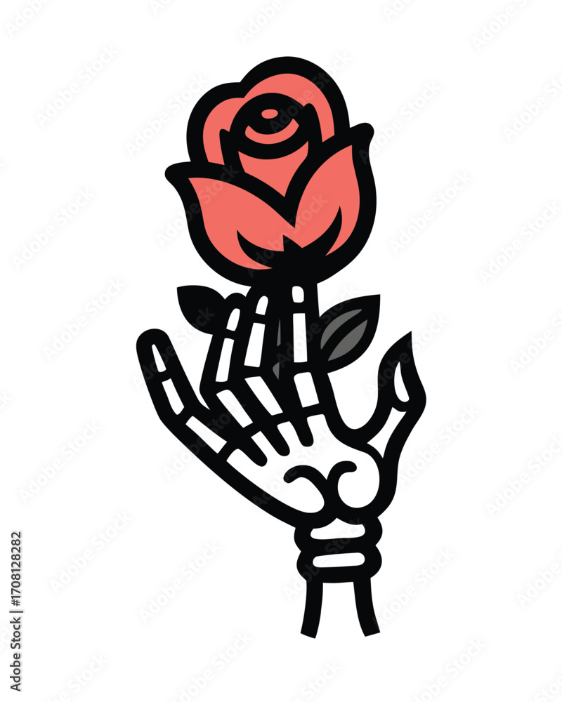 Fototapeta premium Skeleton Hand Holding a Rose Tattoo - Old School American Traditional Vector Art