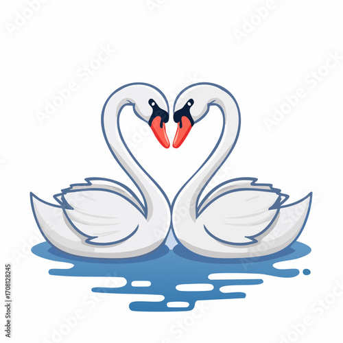 A graceful illustration of two majestic white swans, their necks elegantly forming a perfect heart shape, symbolizing deep love and romantic devotion