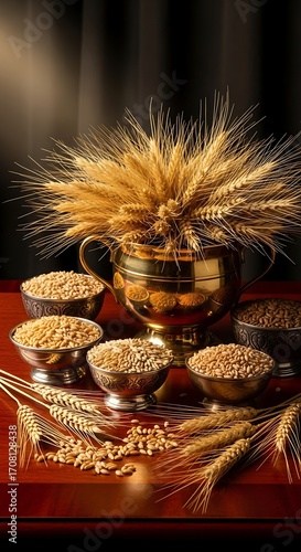 A still life arrangement of wheat ears and grains in various bowls, showcasing a rich golden hue and a warm, inviting atmosphere.