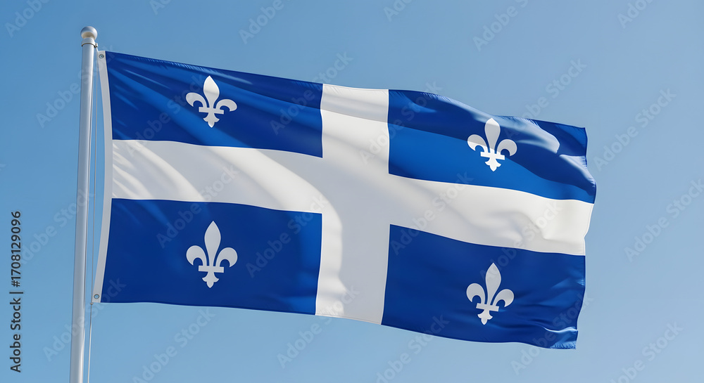 Fototapeta premium Quebec flag waving in the wind against a clear blue sky background