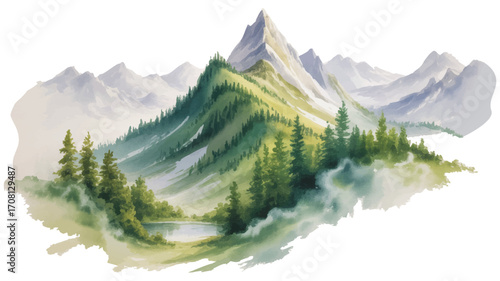 Watercolor Mountain Landscape Vector Illustration with Evergreen Trees and Lake