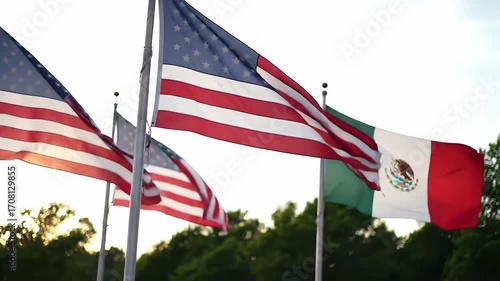 American and Mexican Flags Waving in Breeze Against Sky Sunlight