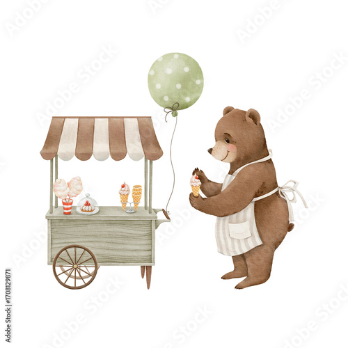 Watercolor cute bear with ice cream and candy cart, trolley with green ball, street truck. Hand-drawn illustration, isolated print wooden street cart for holiday and cute cartoon character.