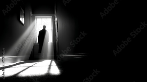 Silhouette of a person standing ominously in a softly lit hallway