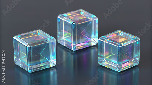 3D Set of Crystal Light Holographic Glass Cubes Render – Futuristic Iridescent Transparent Blocks