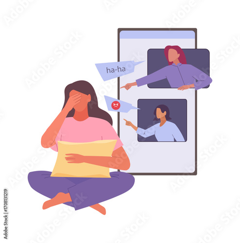 social cyber bullying. stress abuse depression and shame, sad girl abused in internet dislike and mockery. vector cartoon flat concept illustration.