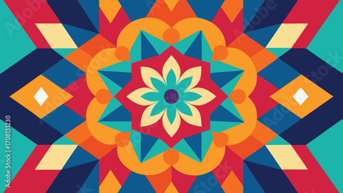 Geometric Abstract Mandala with Bright Colors and Diamond Shapes pattern