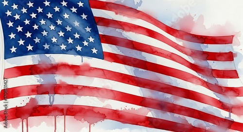 A vibrant, watercolor-style depiction of the American flag, showcasing its iconic colors and patriotic spirit.