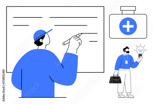 Person writing on board while another holds a lightbulb symbolizing ideas first aid kit nearby. Ideal for teamwork, problem-solving, healthcare, education, innovation, brainstorming, learning. Simple