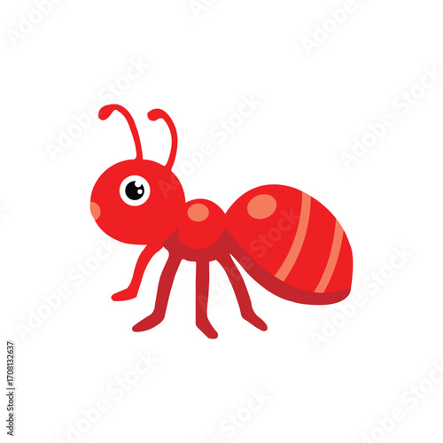 Cute red ant cartoon illustration with big eyes and striped abdomen, isolated on white background, perfect for children’s books, education, entomology projects, nature posters, and fun graphic designs