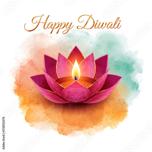 A blooming lotus diya in magenta and pink glows with golden light, set against teal-saffron washes, with gold Happy Diwali text above.