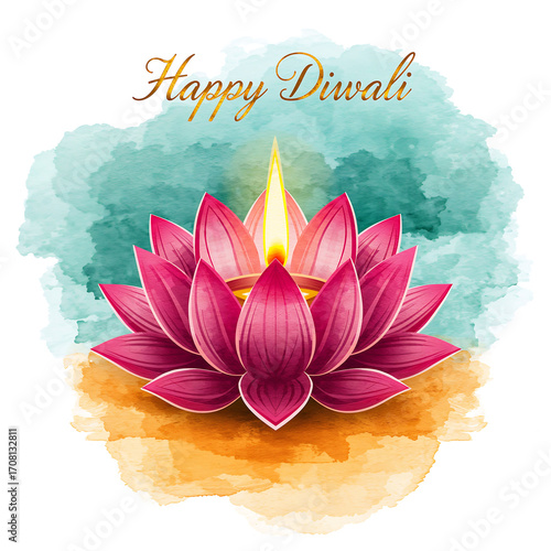 A blooming lotus diya in magenta and pink glows with golden light, set against teal-saffron washes, with gold Happy Diwali text above.