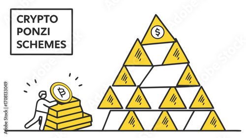 Crypto Ponzi Scheme Illustration Pyramid of Dollar Triangles and Bitcoin Steps
