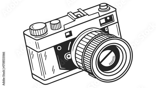 Detailed Line Art Illustration of a Classic Film Camera with Prominent Lens