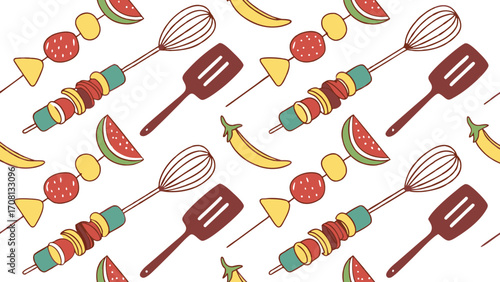 Colorful Fruit and Vegetable Skewers with Kitchen Utensils Pattern