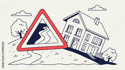 Landslide Warning Sign Near Tilting House Illustration