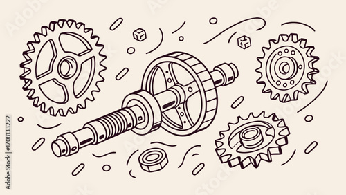 Isometric Line Drawing of Mechanical Gears and Shaft Assembly