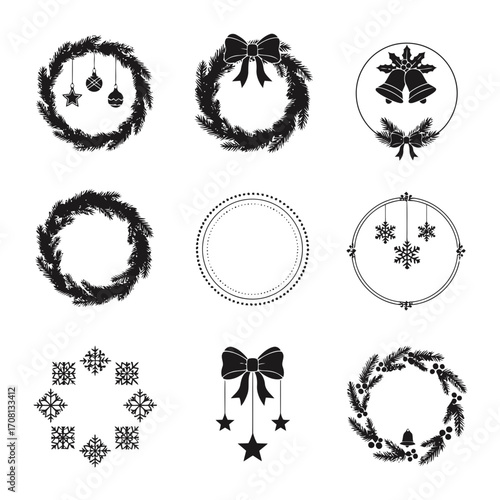 Vector art of set of nine unique christmas wreaths, ideal for creating personalized greeting cards and holiday invitations
