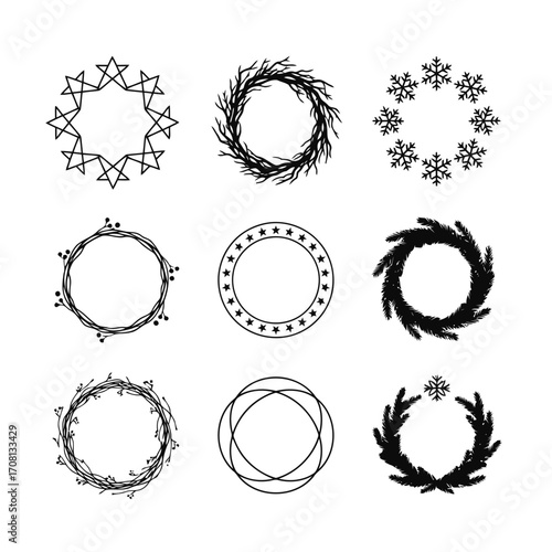Vector art of collection of nine different christmas wreaths, perfect for adding a festive touch to your holiday designs