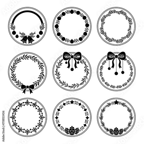 Vector art of collection of nine charming christmas wreaths, perfect for adding a touch of holiday cheer to your projects