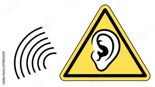 Warning Sign Depicting Ear and Sound Waves Alerting to Noise