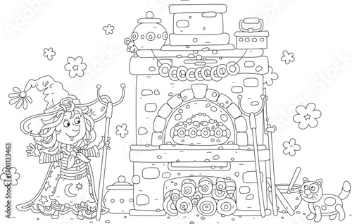 Happy little witch with her cat baking a traditional sweet pie in an old wood stove for a festive table, black and white vector cartoon illustration for a coloring book