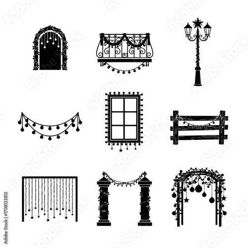 Vector art of collection of festive christmas decorations featuring archways, windows, garlands, and a vintage street lamp in silhouette