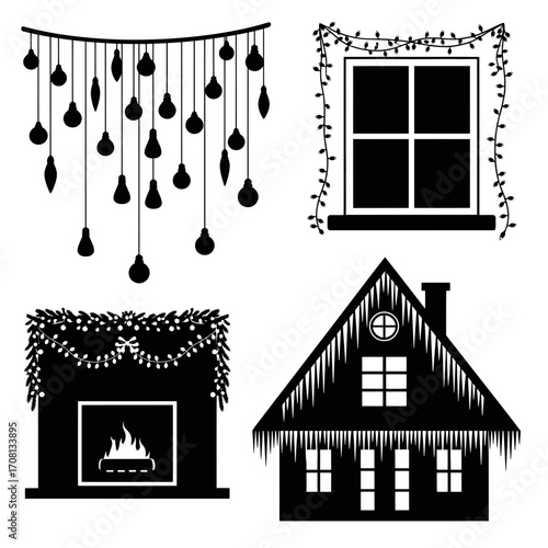 Vector art of christmas lights silhouettes featuring a window, fireplace, house, and hanging lights for holiday decoration