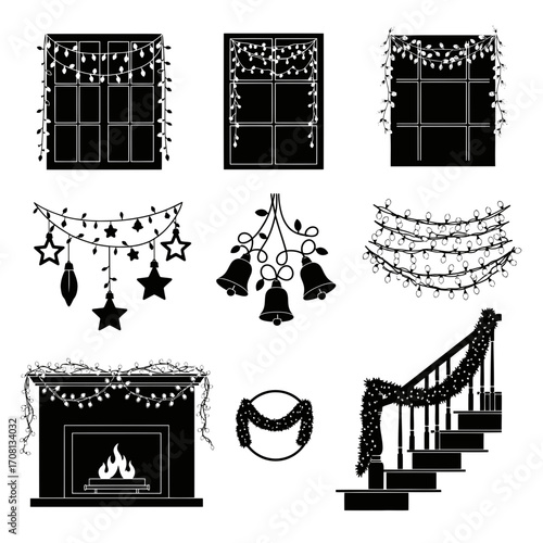 Vector art of silhouette of windows, fireplace and staircase decorated with string lights christmas holiday decoration elements for home interior