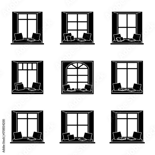 Vector art of collection of cozy window seat silhouettes, featuring various window styles and pillow arrangements for relaxation