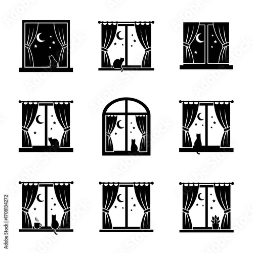 Vector art of collection of window views at night with cats, black silhouette, a charming and cozy interior design element