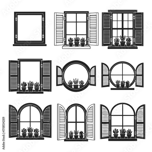 Vector art of collection of nine different window designs with various shapes and styles