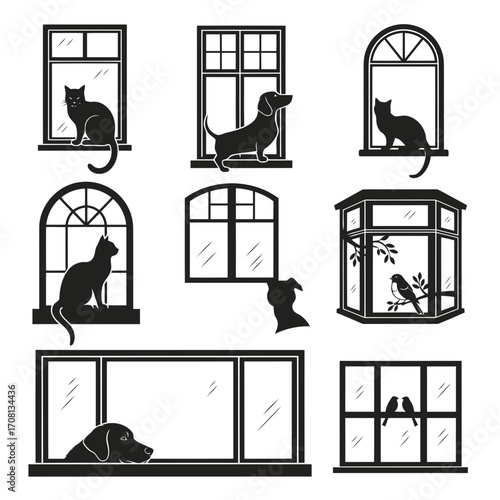 Vector art of collection of windows with pets black and white vector illustration of window designs with animals