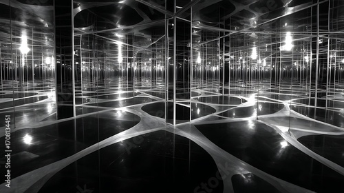 Futuristic Black White Mirror Maze with Reflective Surfaces and Curved Floor Design