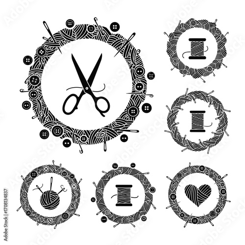 Vector art of collection of sewing and knitting wreaths set of six different black and white vector illustrations for decoration