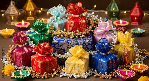 Colorful Festive Gift Boxes for Celebrations and Joy with Glowing Candles