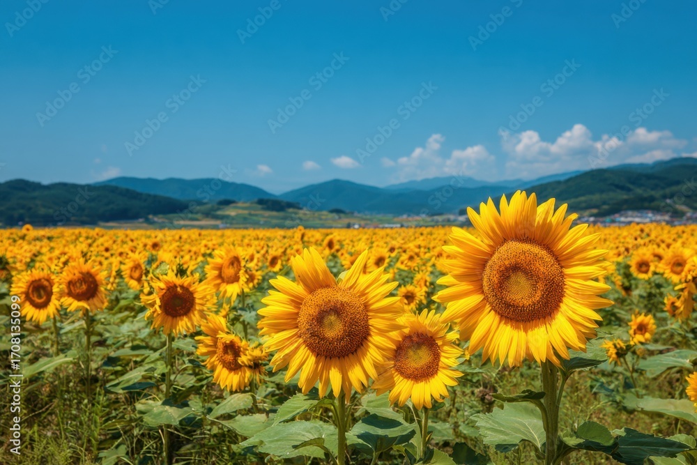 Obraz premium Sunflowers, JAPAN. Field of blooming sunflowers on a background blue sky. MZ 